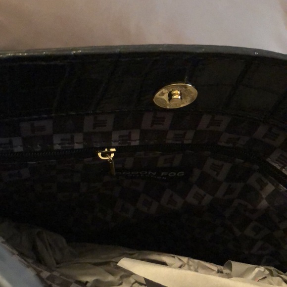 London Fog Brielle Croco Black Satchel with embroidered square design. - Picture 4 of 8